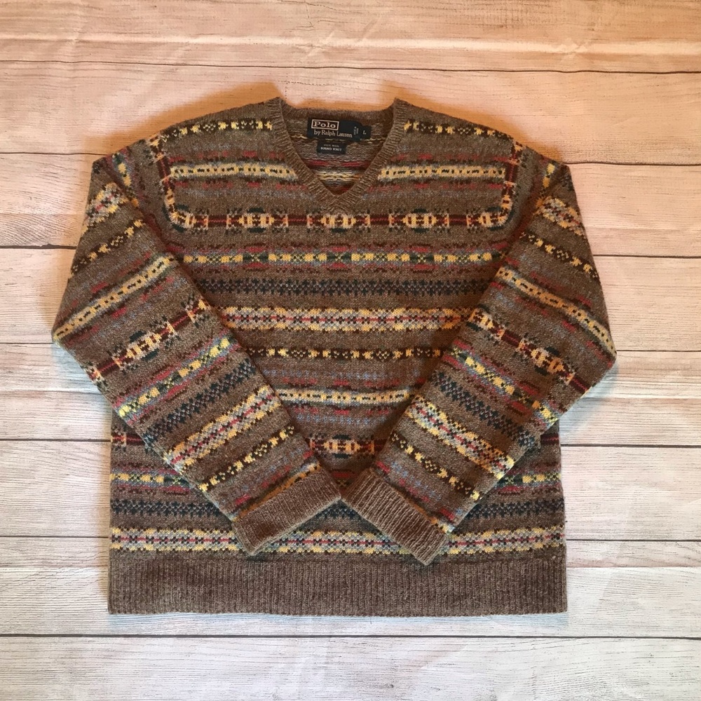 Fair Isle V Neck Sweater Wool Hand Knit Multicolor